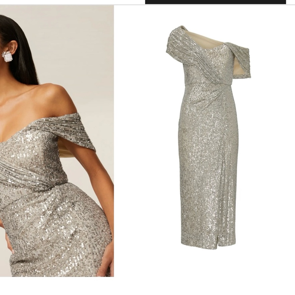 Badgley Mischka One Shoulder Silver Dress